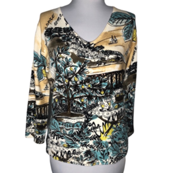 Pierri New York Sweaters - Perri NY Beaded Sequin V-Neck 3/4 Sleeve Pullover Garden Print Sweater Size L